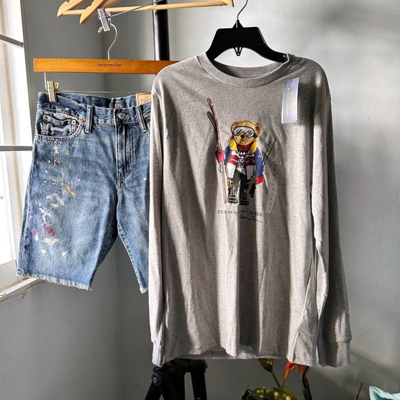 NWT POLO RALPH LAUREN BIG KIDS 14-16 LOT POLO BEAR SHIRT + JEAN SHORTS YOUTH
